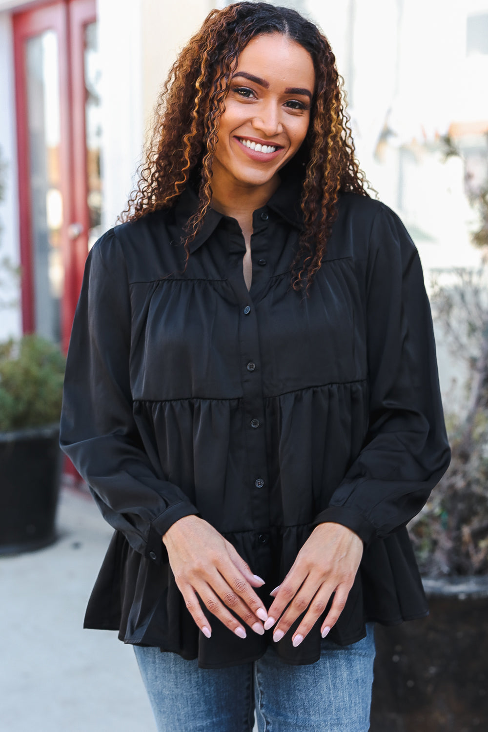 Black Button Down Tiered Babydoll Satin Top