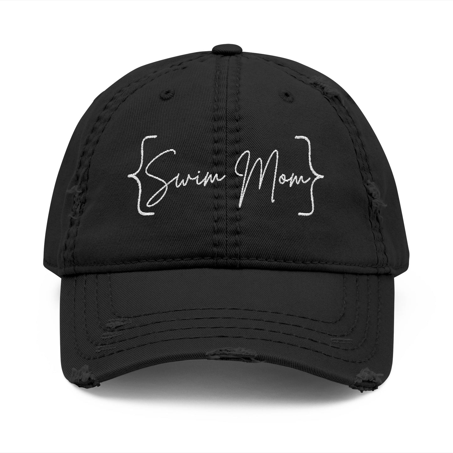 Black cap with 'Swim Mom' text on a white background