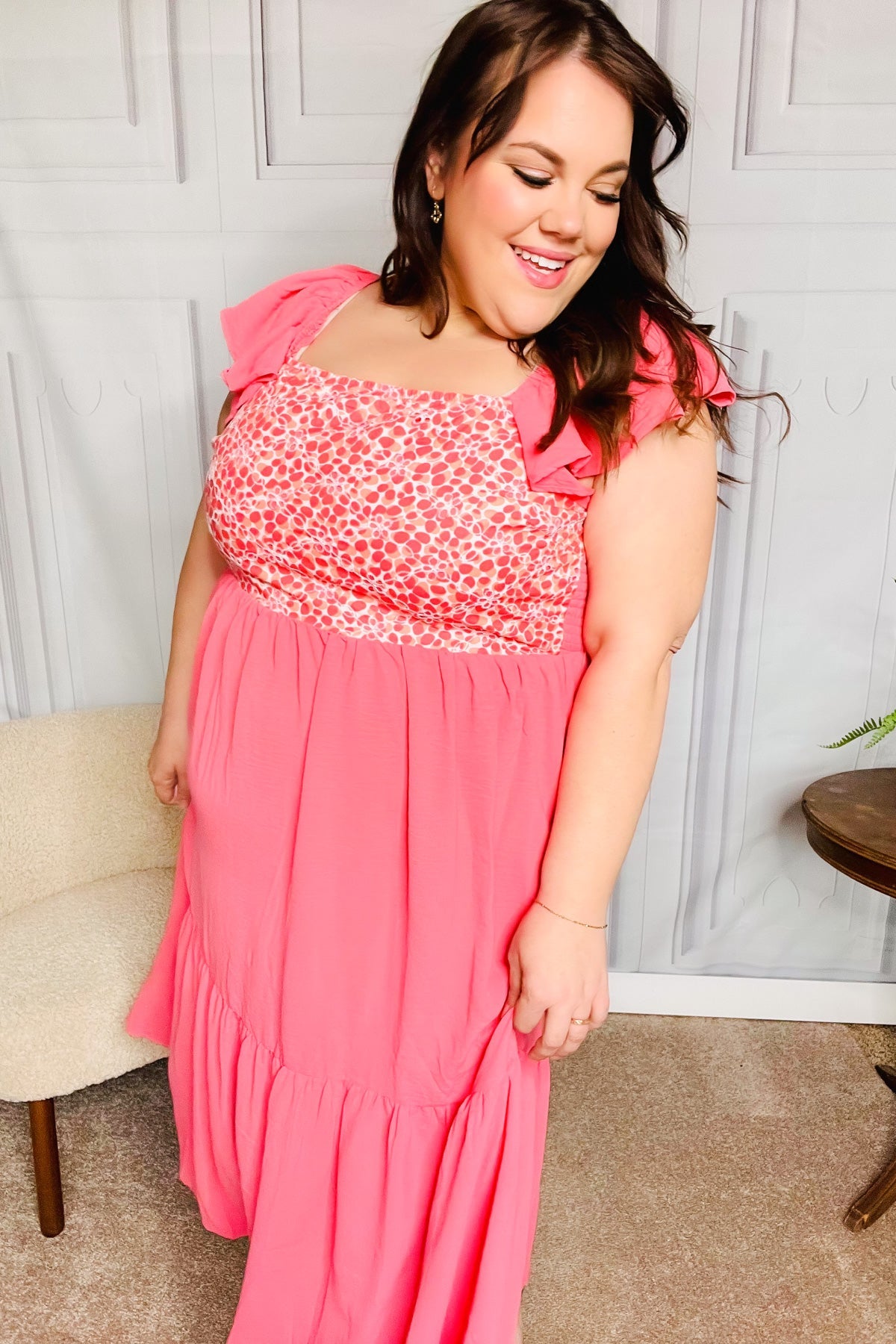 Coral Floral Embroidery Dot Maxi Dress