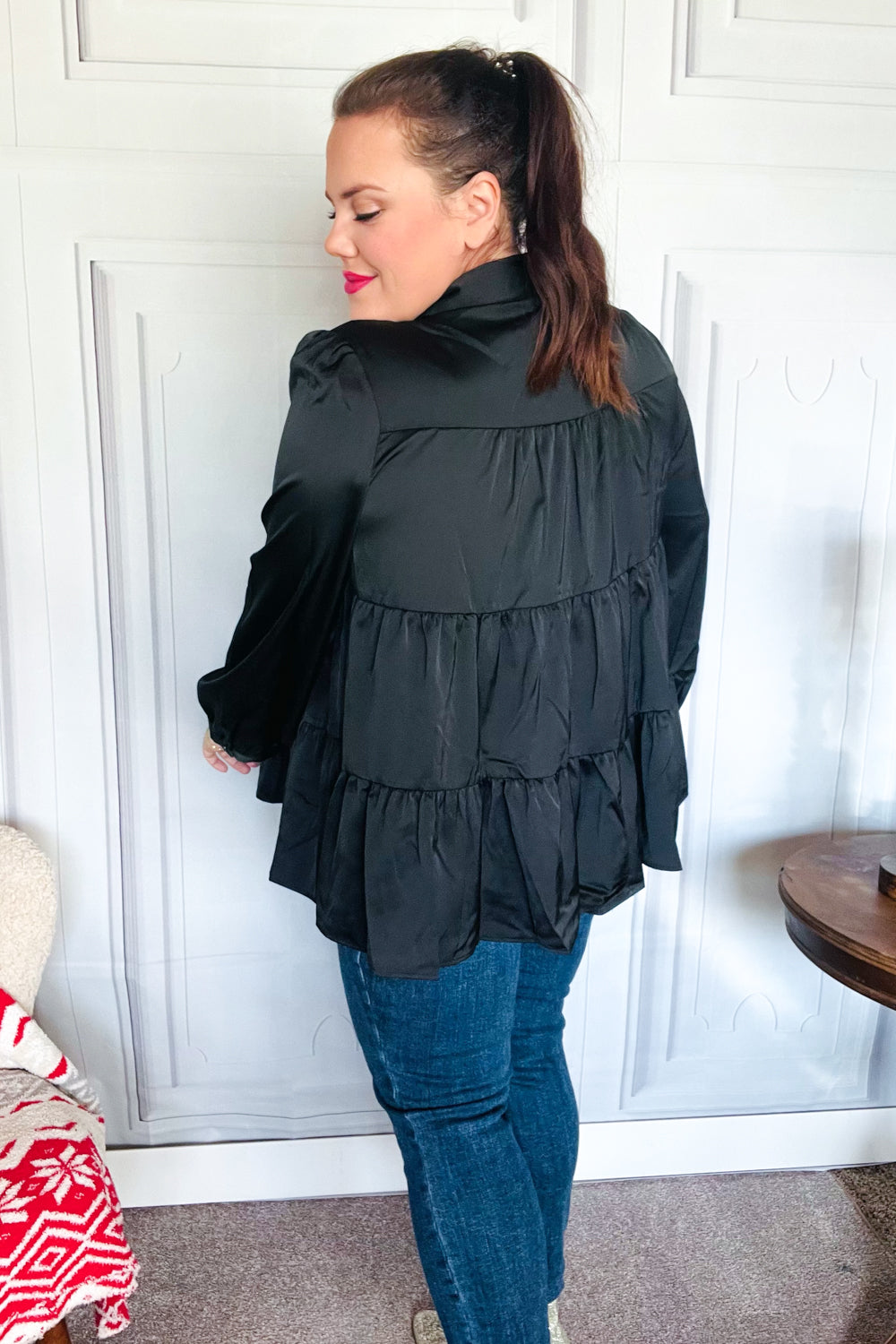 Black Button Down Tiered Babydoll Satin Top