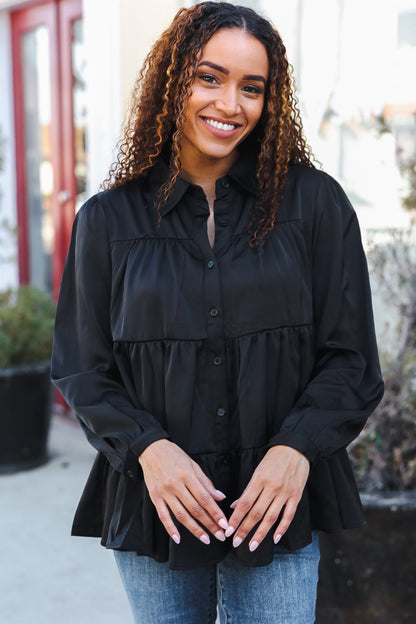 Black Button Down Tiered Babydoll Satin Top