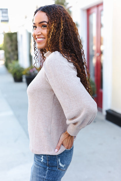 Stay Awhile Taupe Brushed Melange Puff Short Sleeve Sweater