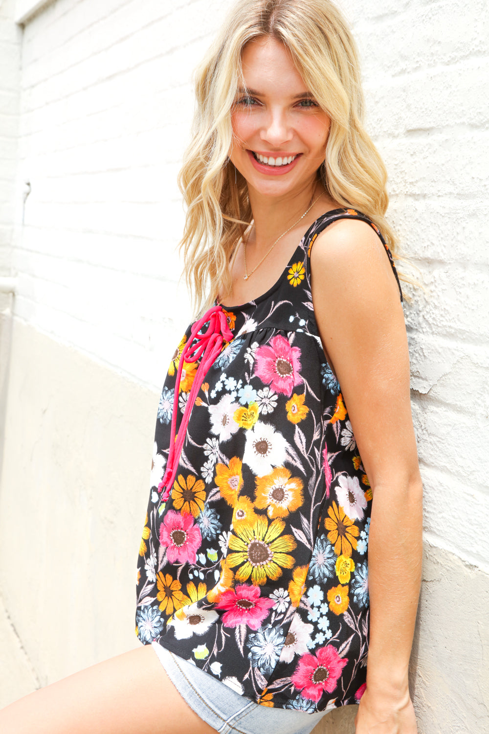 Black Sleeveless Babydoll Bow Tie Top