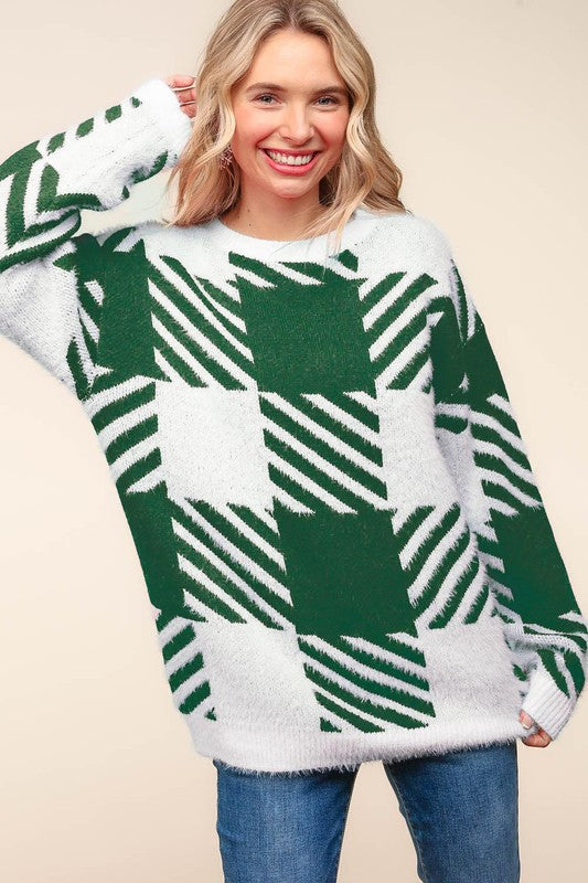 Under The Christmas Tree Green Plaid Soft Brushed Hairy Sweater