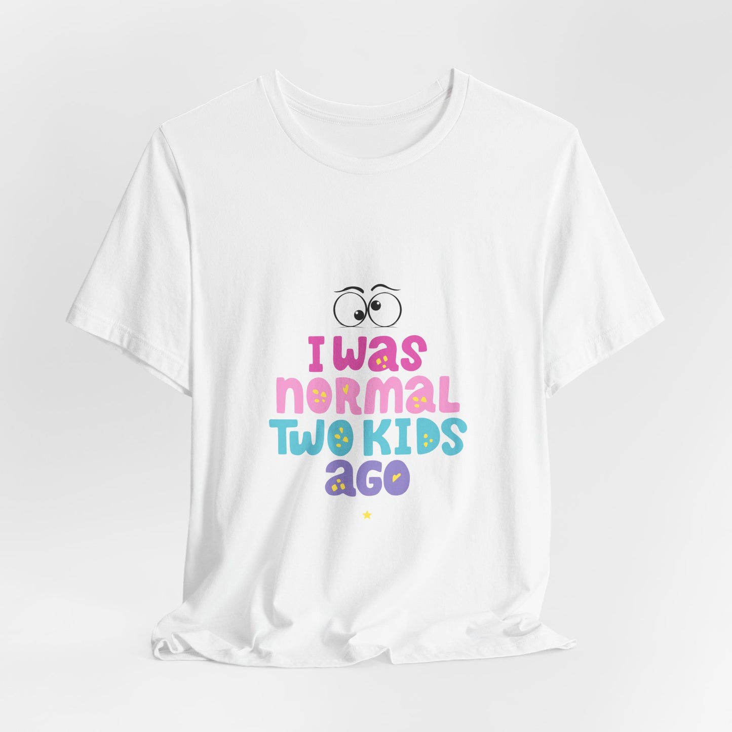 White t-shirt with colorful text and graphic on a white background