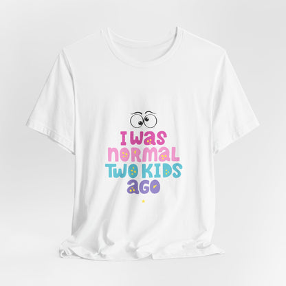 White t-shirt with colorful text and graphic on a white background
