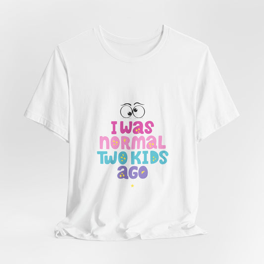 White t-shirt with colorful text and graphic on a white background