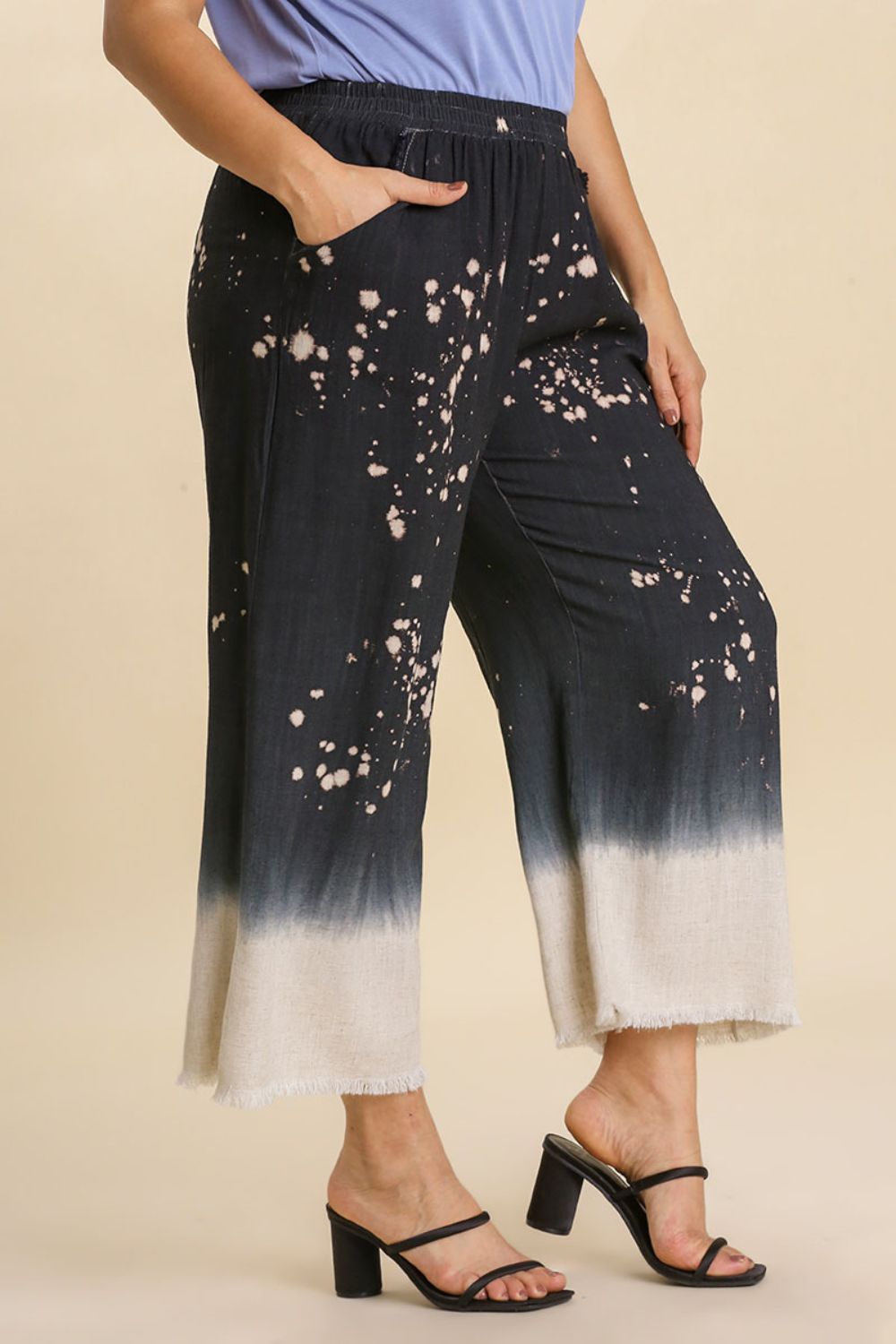 Raw Hem Linen Blend Bleach Dip Dye Wide Leg Pants