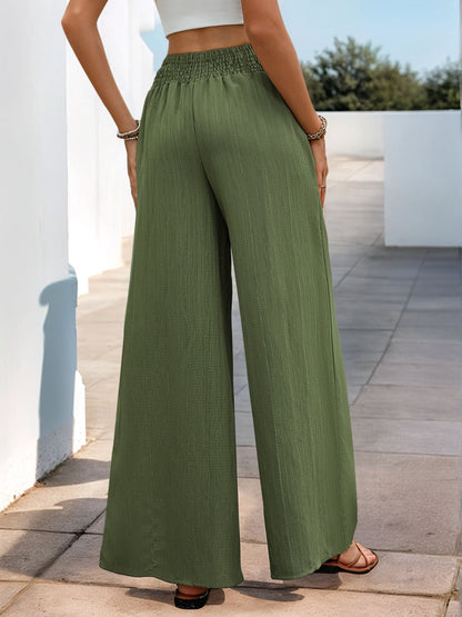 Moss Green Smocked Wide Leg Pants