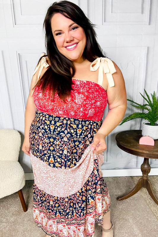 Orange Floral Smocked Tube Top Tiered Maxi Dress