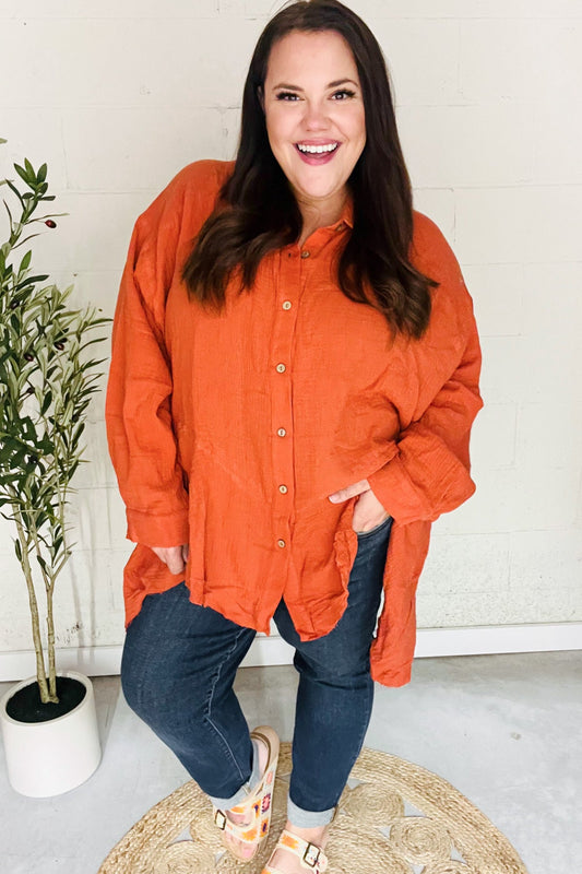 Rust Button Down Sharkbite Cotton Tunic Top