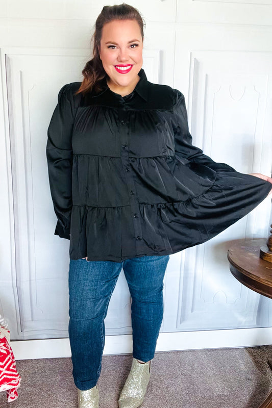 Black Button Down Tiered Babydoll Satin Top