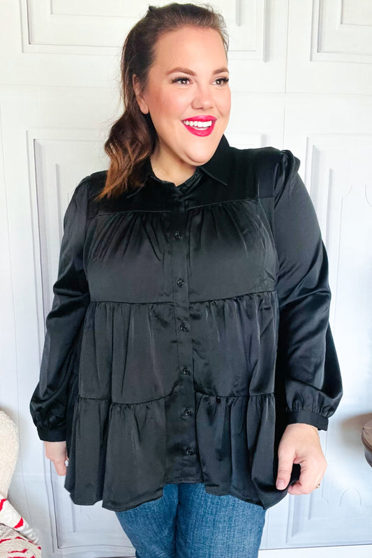 Black Button Down Tiered Babydoll Satin Top