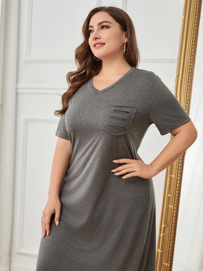 Pocketed V-Neck Short Sleeve Knit Dress