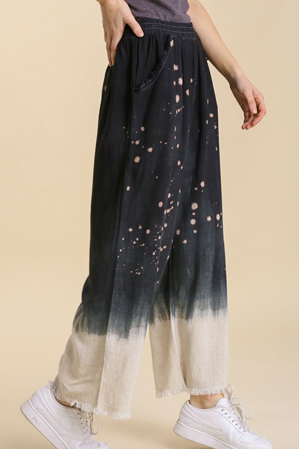 Raw Hem Linen Blend Bleach Dip Dye Wide Leg Pants