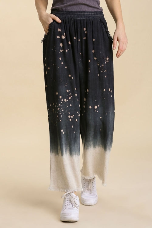 Raw Hem Linen Blend Bleach Dip Dye Wide Leg Pants