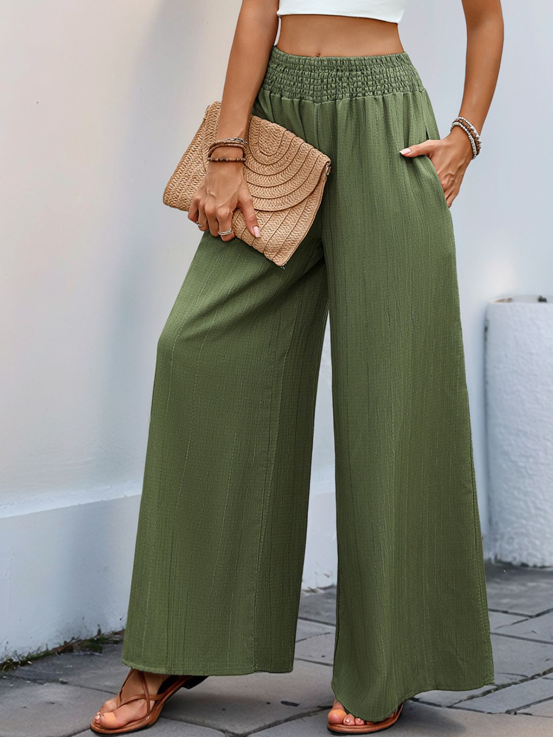 Moss Green Smocked Wide Leg Pants