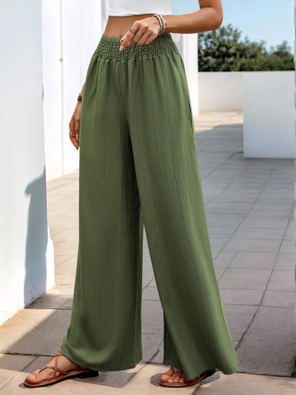 Moss Green Smocked Wide Leg Pants